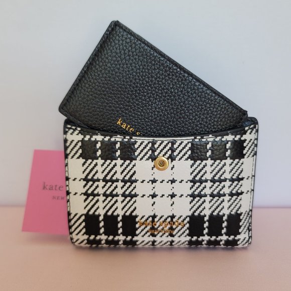 KATE SPADE Hudson SMALL Posh Plaid Embossed Pebbled Leather Bifold Wallet-Black⭐ - Picture 5 of 15